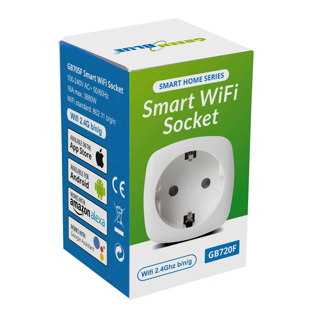 GreenBlue дистанционно управляема WiFi контактна кутия, Android/iOS/Alexa/Google Home, енергийна консумация, таймер, макс. 3680 W, тип F, GB720 F