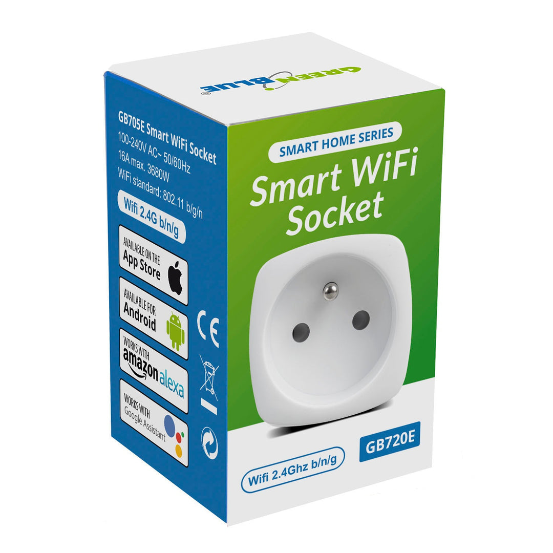 GreenBlue дистанционно управляема WiFi контактна кутия, Android/iOS/Alexa/Google Home, енергийна консумация, таймер, макс. 3680 W, тип E, GB720 E