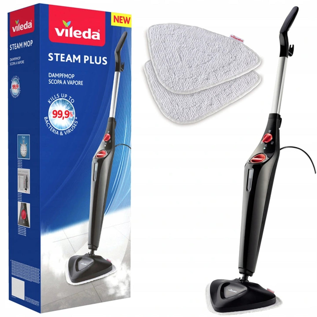 Vileda 168917 Steam Plus 3.0 Електрическа парна метла с 2 сменяеми микрофибърни подложки, почистване на килими
