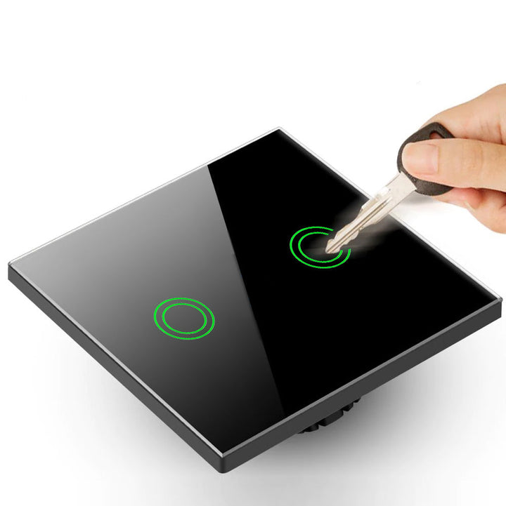 Maclean сензорен ключ за осветление, двоен, SMART, Tuya APP, стъклен, черен с кръгла подсветка на бутона, 86x86mm, MCE714B