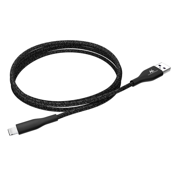 Кабел MFi (Made for iPhone / iPod / iPad) с поддръжка на Fast Charge 2.4A Maclean Energy MCE845B, черен, дължина 1 м, 5V/2.4A – пренос на данни