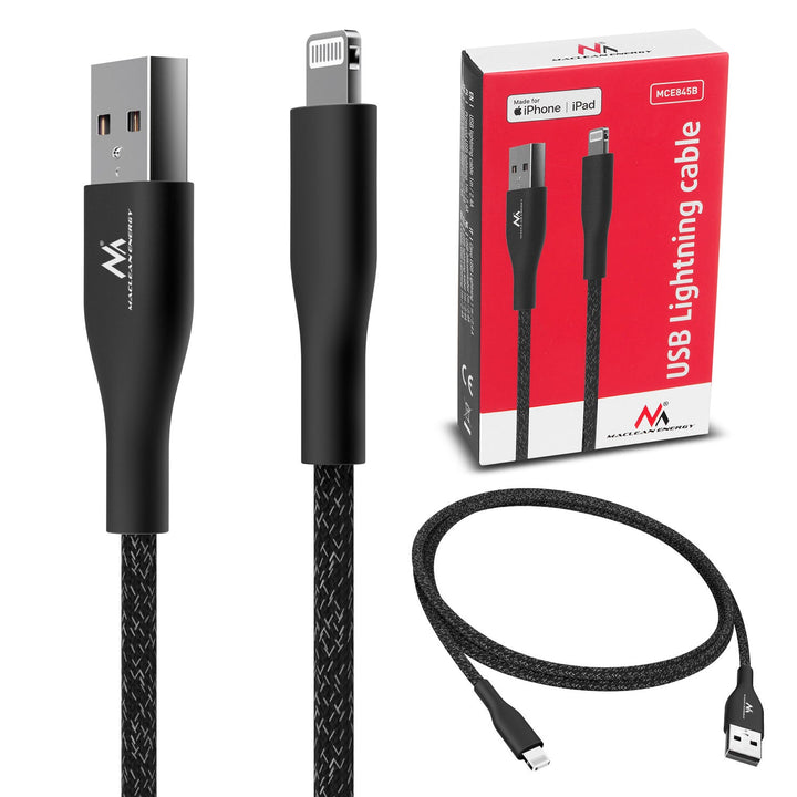 Кабел MFi (Made for iPhone / iPod / iPad) с поддръжка на Fast Charge 2.4A Maclean Energy MCE845B, черен, дължина 1 м, 5V/2.4A – пренос на данни
