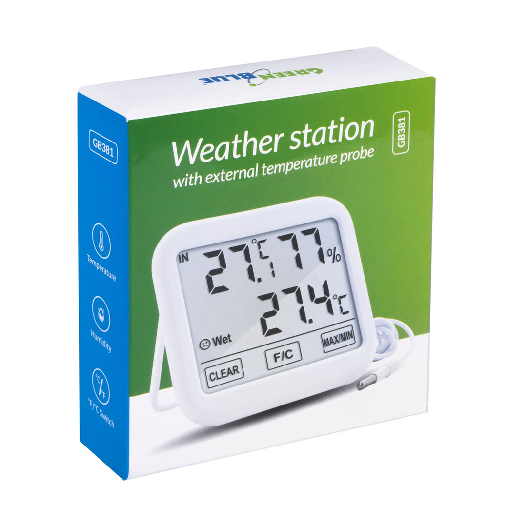Метеорологична станция с 1,5 м GreenBlue външна сонда, кабел с дължина 1,5 м, 2xAAA батерия, GB381