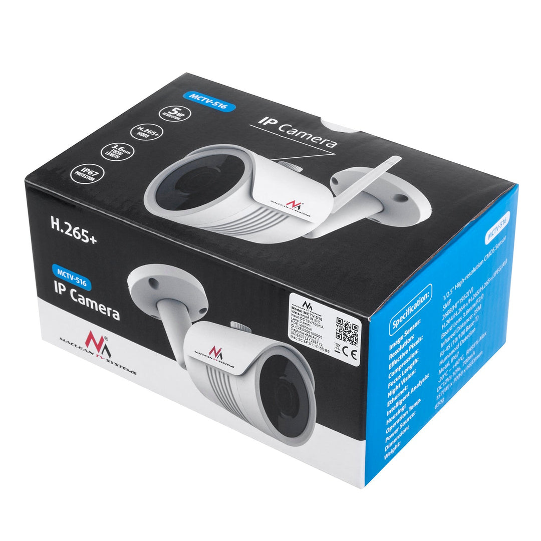 Maclean 5MPx външна WiFi IP мрежова камера, тръбна, 1/2.5" CMOS, H.264/H.264+/H.265/H.265+/JPEG/AVI, Onvif, MCTV-516