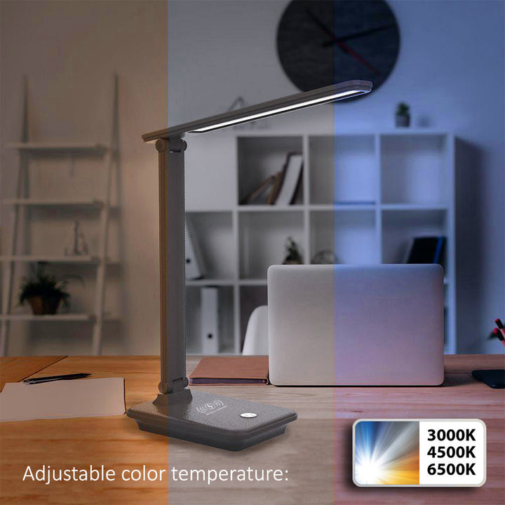 LED настолна лампа Maclean, макс. 9 W, 220–240 V AC, с възможност за промяна на цвета, с регулиране на яркостта, безжично зарядно устройство, 450 lm, MCE616 B