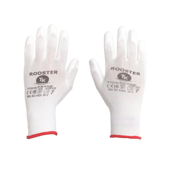 Set de 12 perechi de manusi de protectie din poliester cu poliuretan, albe, marimea XS
