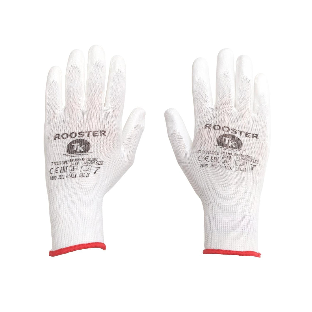 Set de 12 perechi de manusi de protectie din poliester cu poliuretan, albe, marimea S