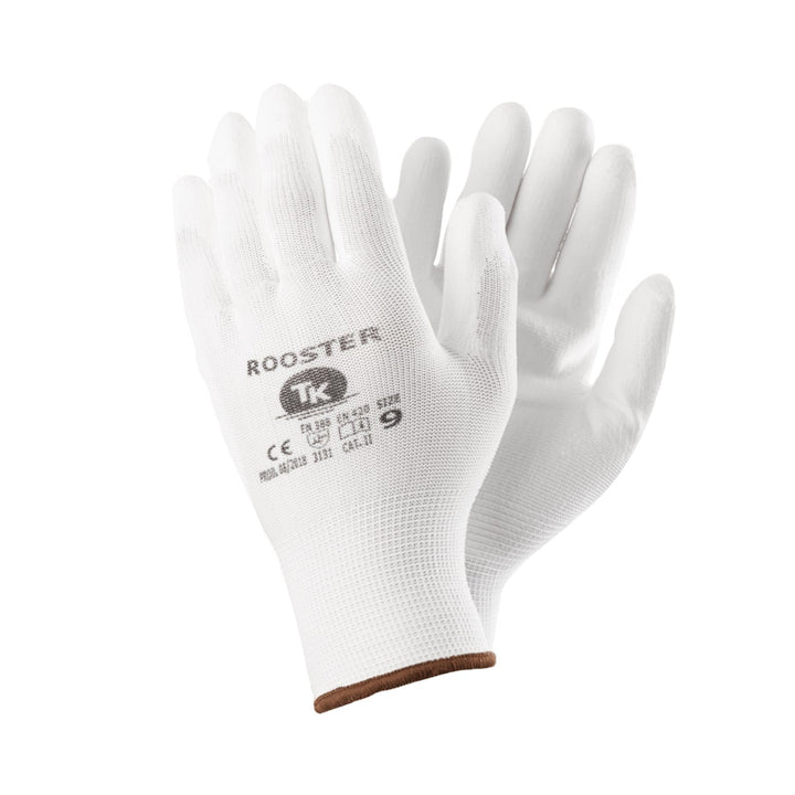 Set de 12 perechi de manusi de protectie din poliester cu poliuretan, albe, marimea M