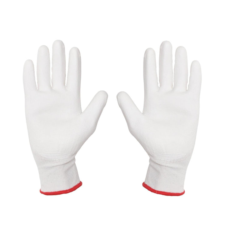 Set de 12 perechi de manusi de protectie din poliester cu poliuretan, albe, marimea L