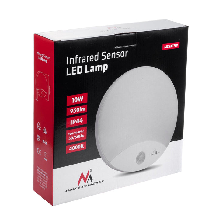 LED лампа Maclean с датчик за движение, инфрачервена, бяла, 10 W, IP44, естествен бял цвят (4000 K), 900 lm, MCE357 W