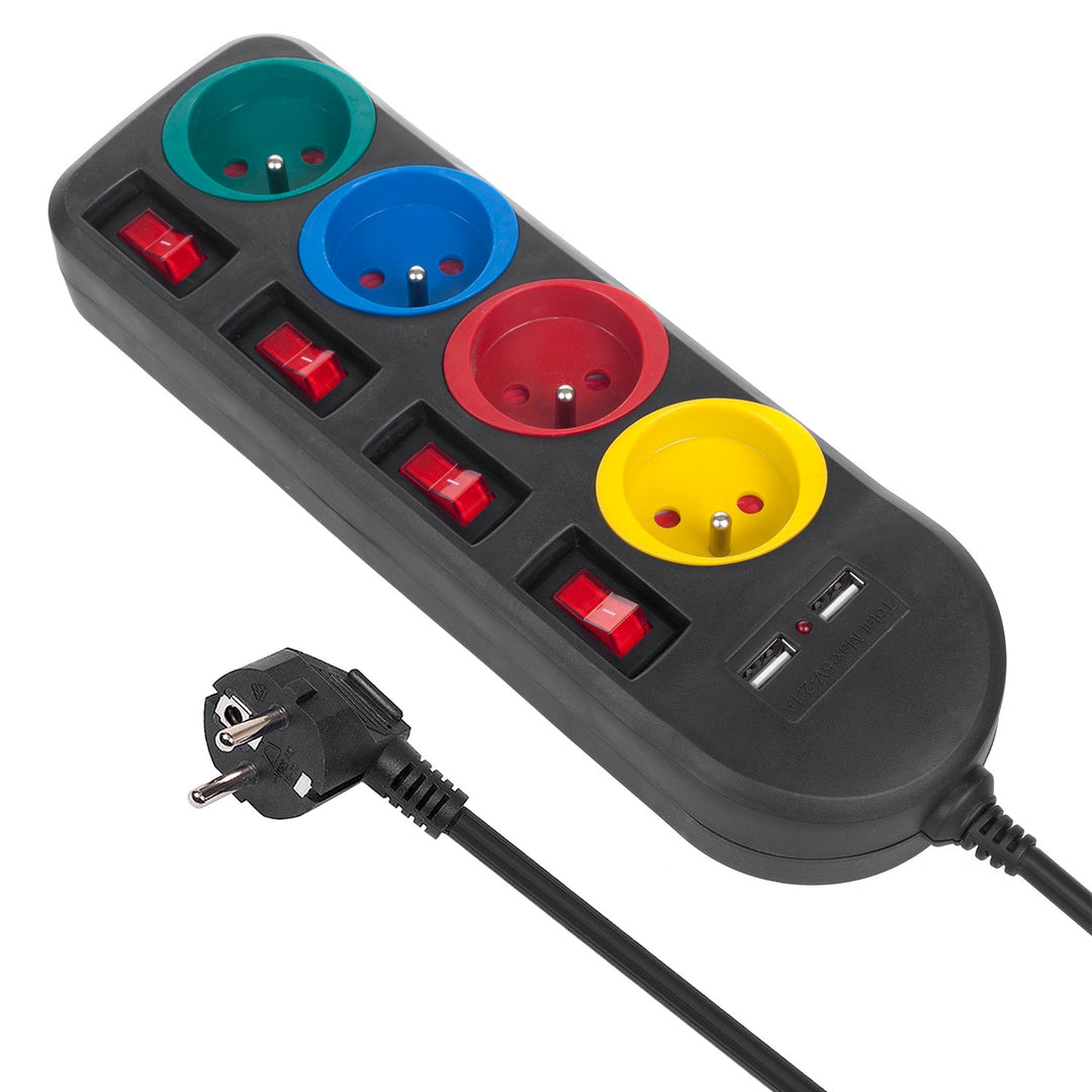 Многофункционален удължител Maclean, 4 контакта + 2xUSB удължител, с превключватели, 250VAC/10A, 2.1A 5V, 1.5m, черен, MCE229 B