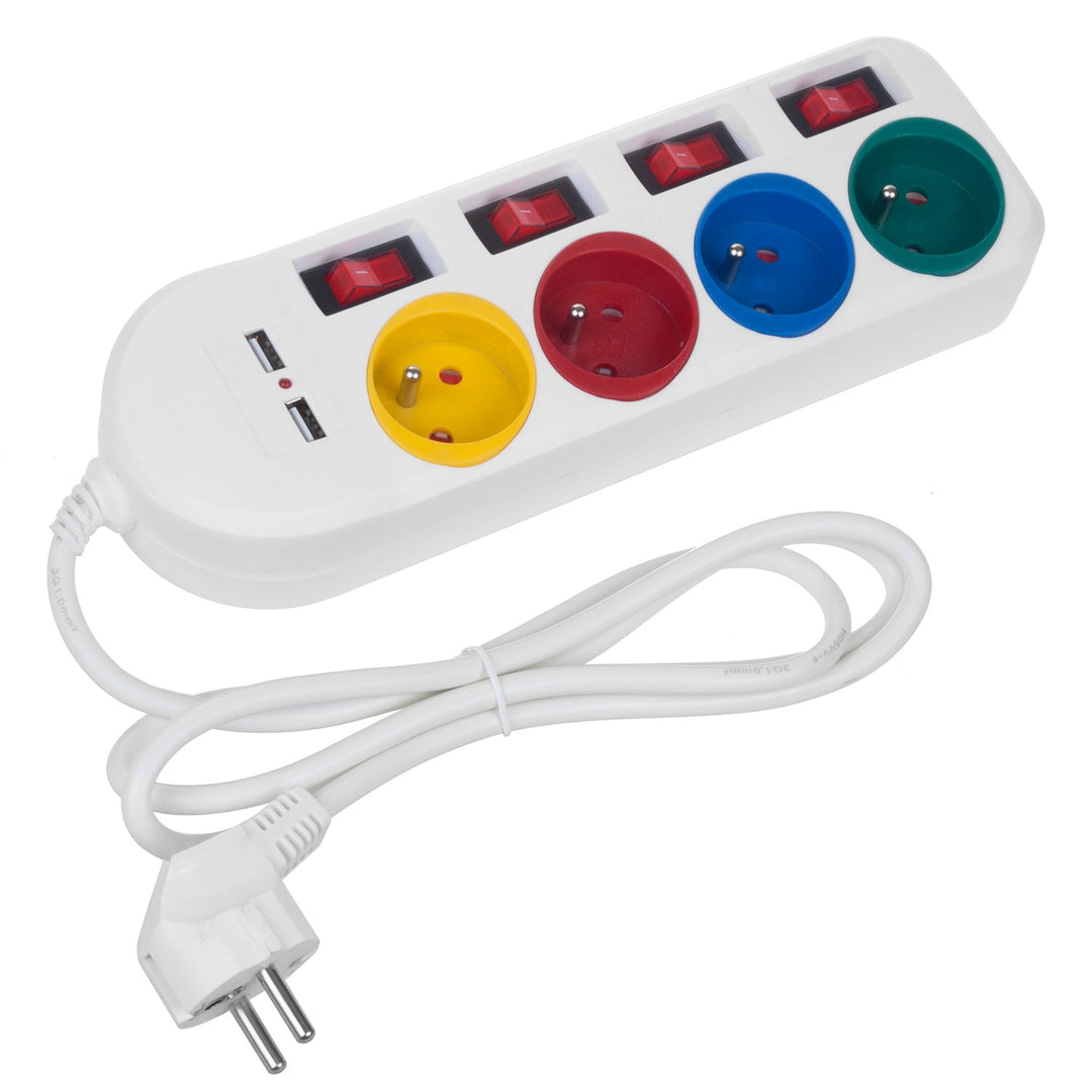 Многофункционален удължител Maclean, 4 контакта + 2xUSB удължител, с превключватели, 250VAC/10A, 2.1A 5V, 1.5m, бял, MCE229 W