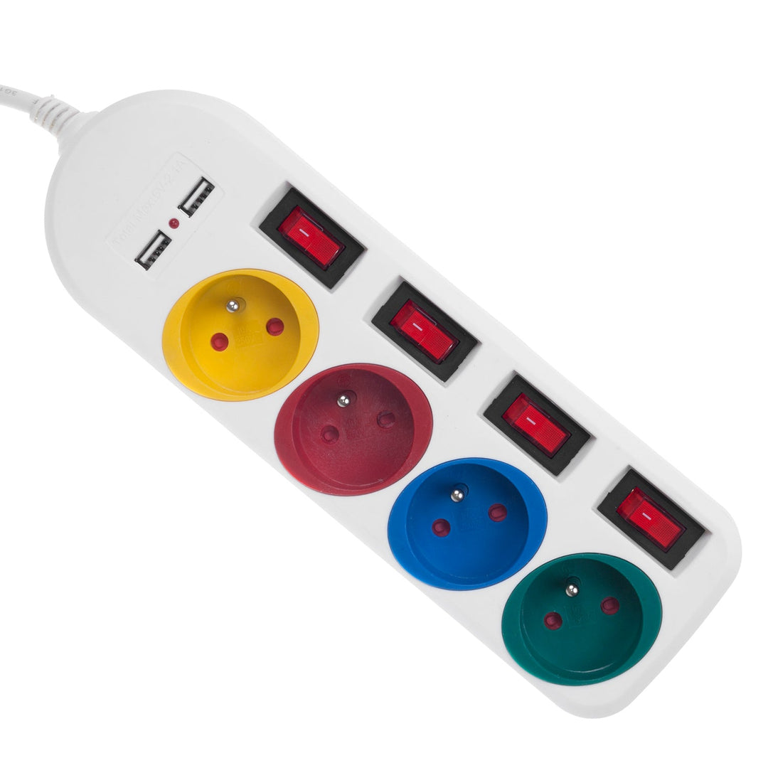 Многофункционален удължител Maclean, 4 контакта + 2xUSB удължител, с превключватели, 250VAC/10A, 2.1A 5V, 1.5m, бял, MCE229 W