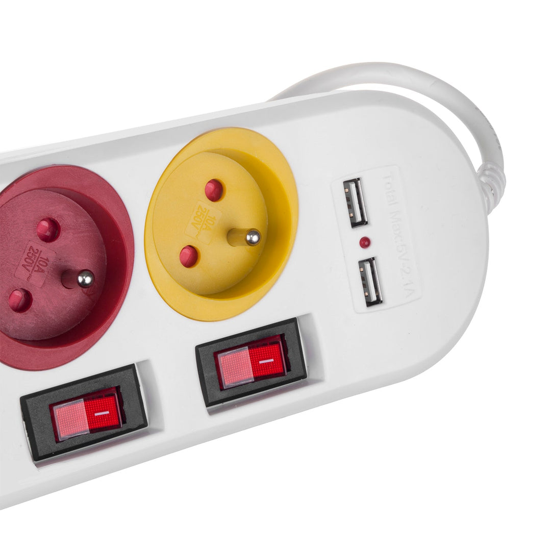 Многофункционален удължител Maclean, 4 контакта + 2xUSB удължител, с превключватели, 250VAC/10A, 2.1A 5V, 1.5m, бял, MCE229 W