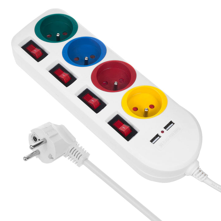 Многофункционален удължител Maclean, 4 контакта + 2xUSB удължител, с превключватели, 250VAC/10A, 2.1A 5V, 1.5m, бял, MCE229 W