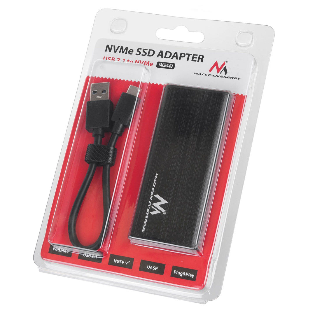 Корпус за диск Maclean, SSD M.2, NVMe (PCIe), NGFF (SATA), USB 3.1, размери 2230/2240/2260/2280, алуминиев корпус, MCE443
