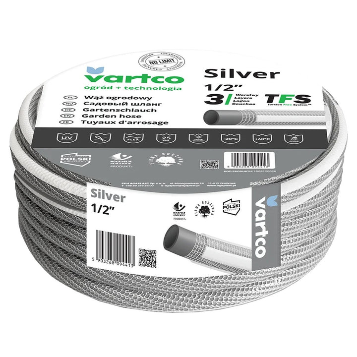 Furtun de grădină Vartco Silver TFS, 3 straturi, 1/2", 50m, gri cu dungi albe