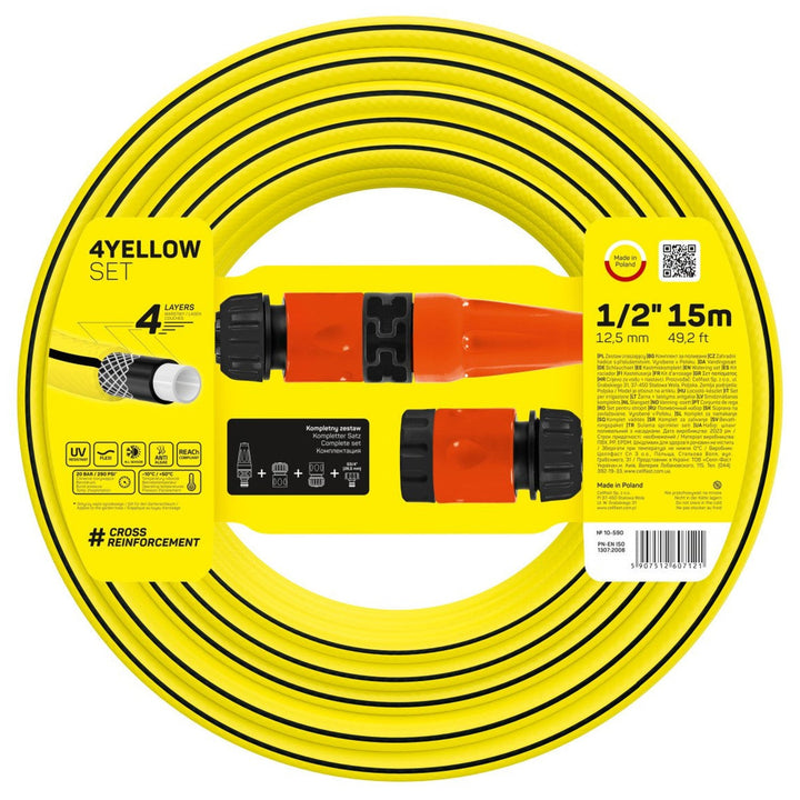 Комплект за поливане 4YELLOW, маркуч 15 м + прав разпръсквач, бързосъединителен спирателен и преходен съединител, вътрешна резба G3/4"