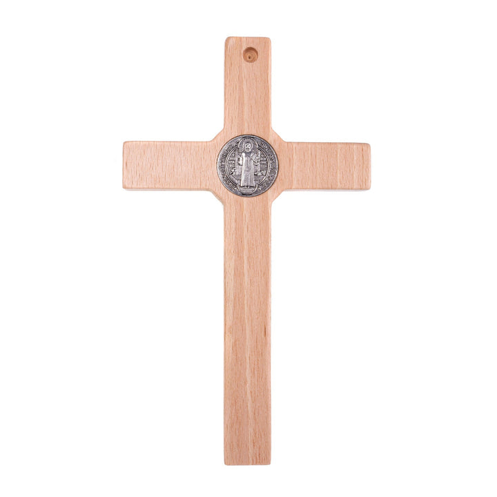 Дървен кръст на Свети Бенедикт с разпятие, естествен, 18x10x1,8 см