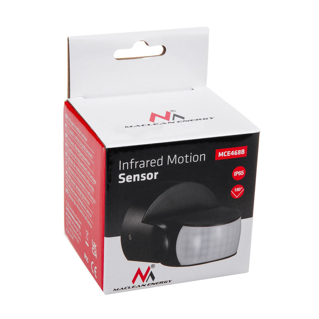 Maclean PIR датчик за движение, инфрачервен, IP65, черен, обхват 12 м, макс. натоварване 600/1200 W, MCE468 B