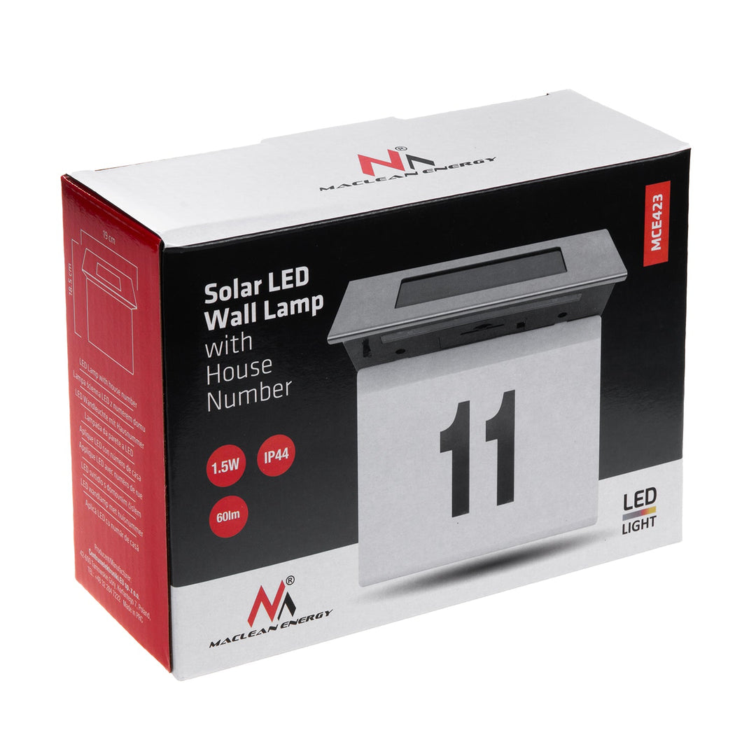 Слънчева LED лампа с номер на къщата Maclean, IP44, 1W, 60lm, 6000K, 600 mAh батерия, 2.5V DC 70mA, MCE423