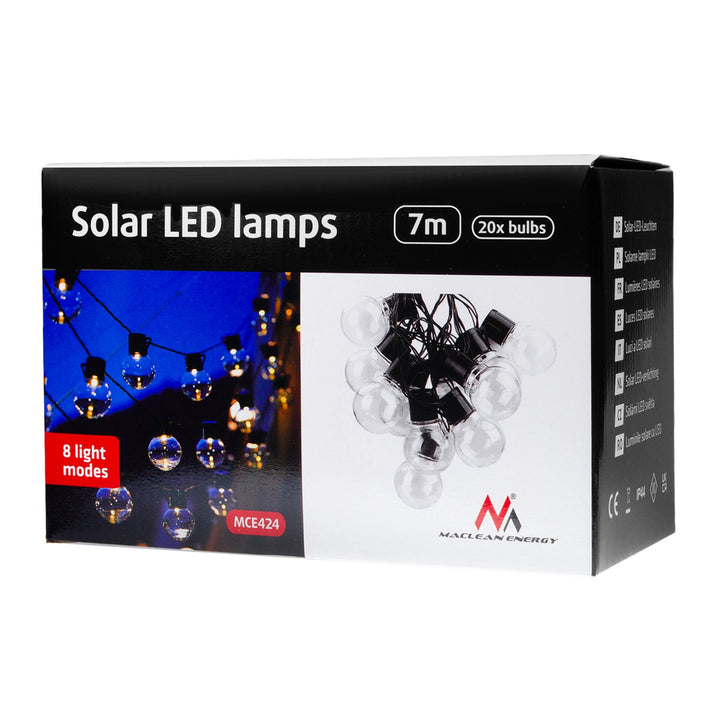 Maclean 2-в-1 слънчеви LED градински верижни светлини, IP44, 3W, 10lm, 3000K, 2*600 mAh батерия, 5V DC, 7m, MCE424
