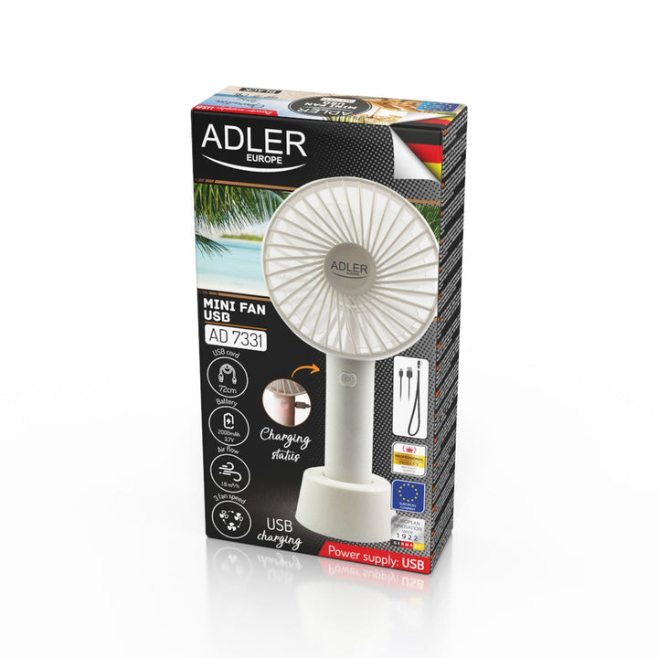 Mini ventilator, Adler, Portabil, 9 cm 3,5” USB, alb