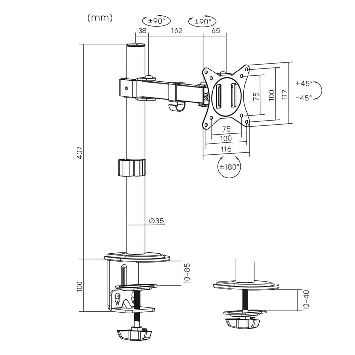 Монтажна стойка за LCD монитор Maclean, с едно рамо, VESA 75x75 и 100x100, 17-32", 9 кг, MC-572N
