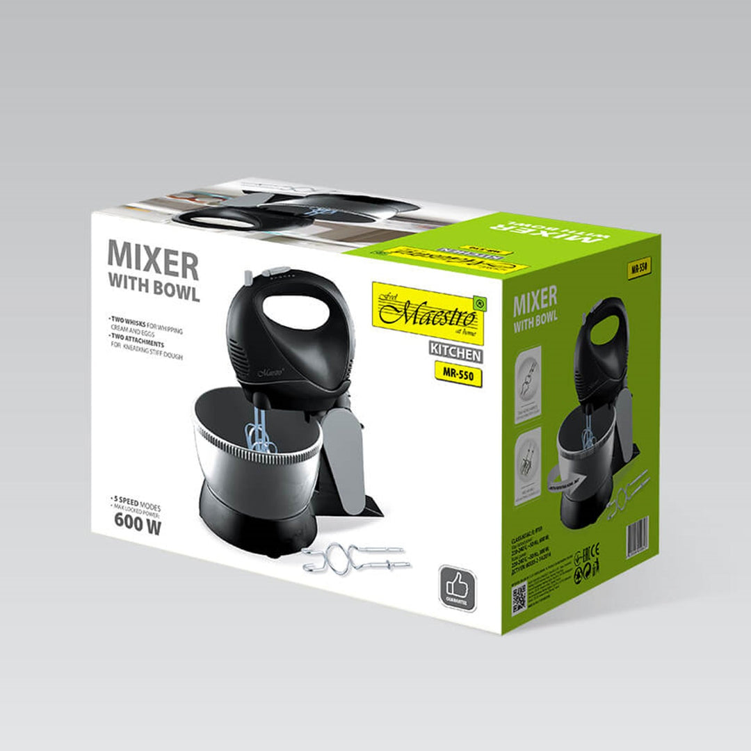 Миксер Maestro, въртяща се купа, 5 скорости, функция Turbo, 600 W, черен, MR-550