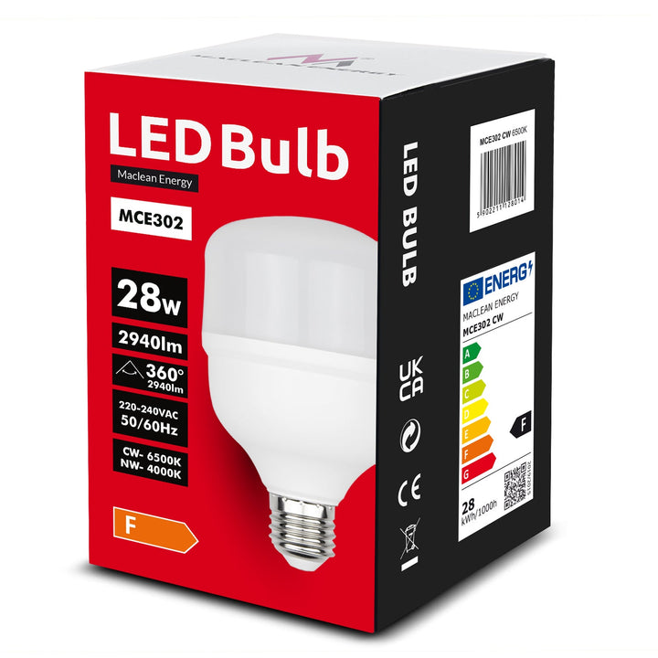 4x Maclean LED крушка, E27, 28W, 220-240V AC, студено бяло, 6500K, 2940lm, MCE302 CW