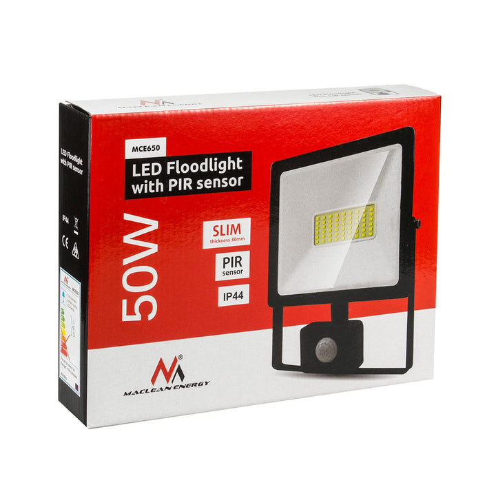 2x LED прожектор с датчик за движение Maclean, тънък 50W, 4000lm, неутрално бял цвят (4000K), IP44, MCE650 NW PIR